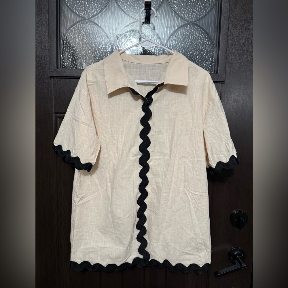 Cream Blouse/Pants PJ set with Black Trim